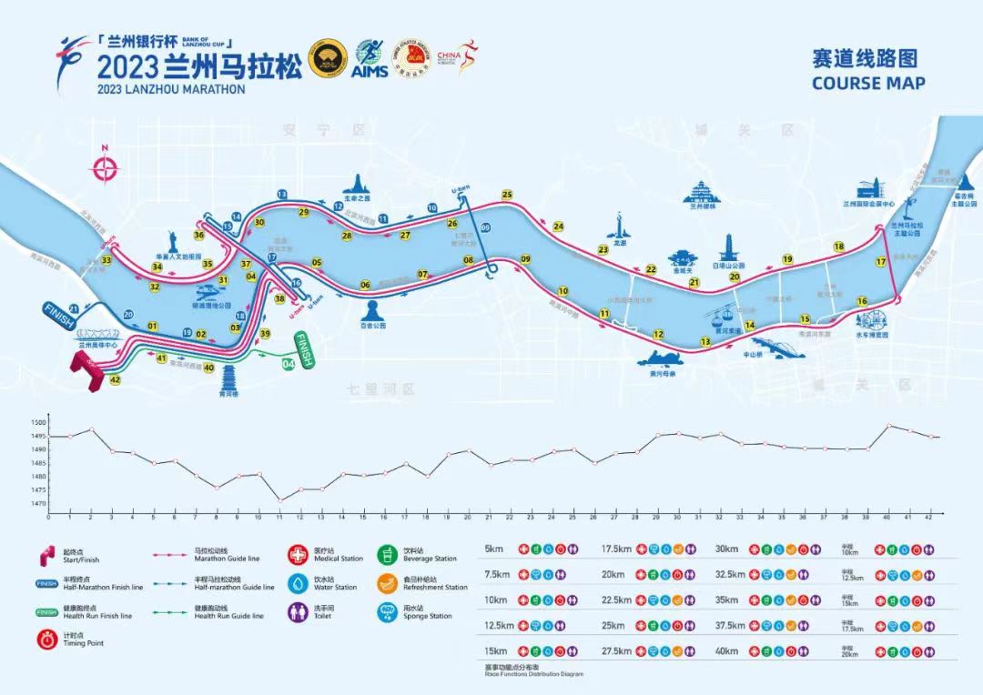 2023年蘭州馬拉松路線圖，賽事圍繞黃河展開。蘭州馬拉松微信公眾號圖